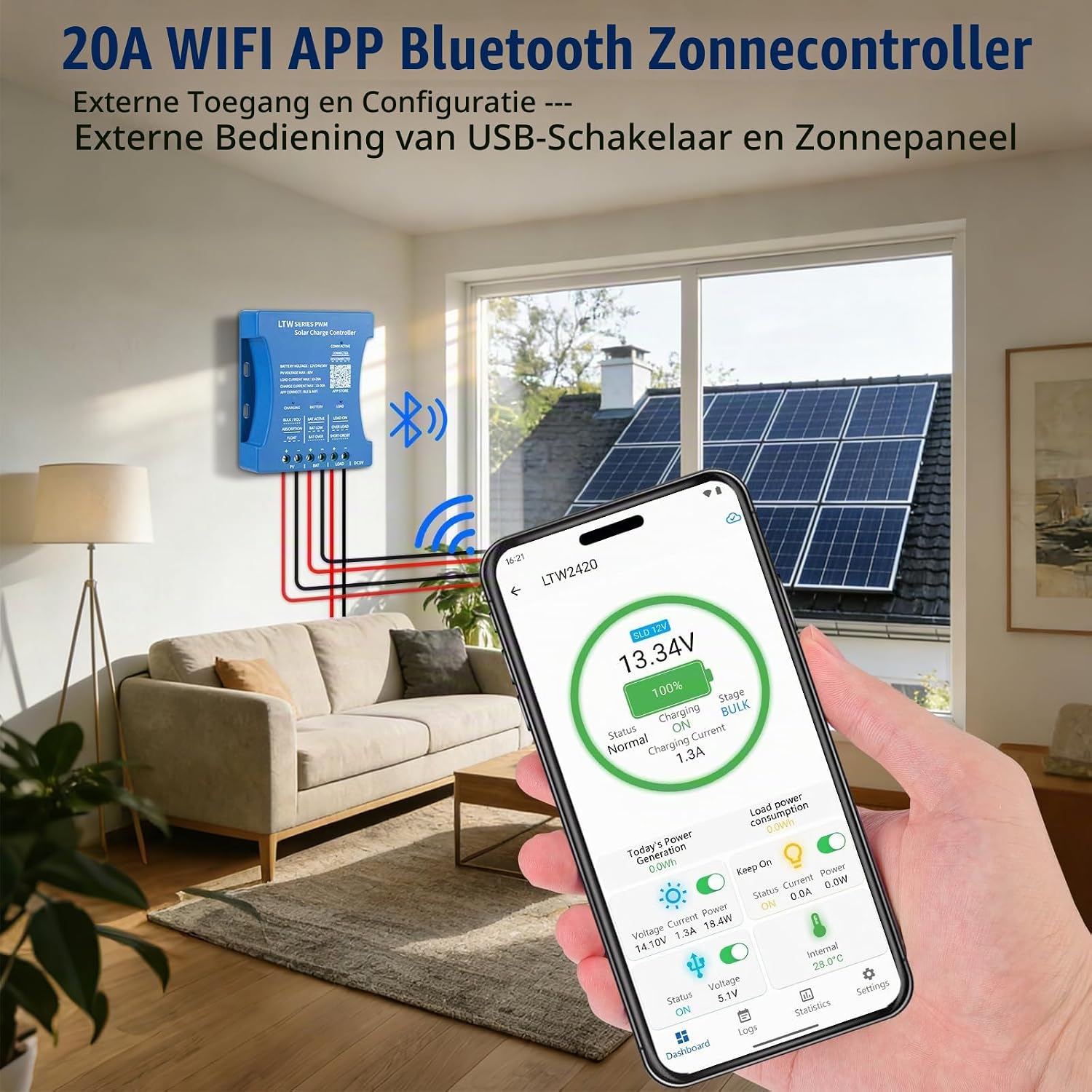 Detalle de KWODE KWO-20A WIFI zonnelaadregelaar 20A met Bluetooth, wifi en PWM