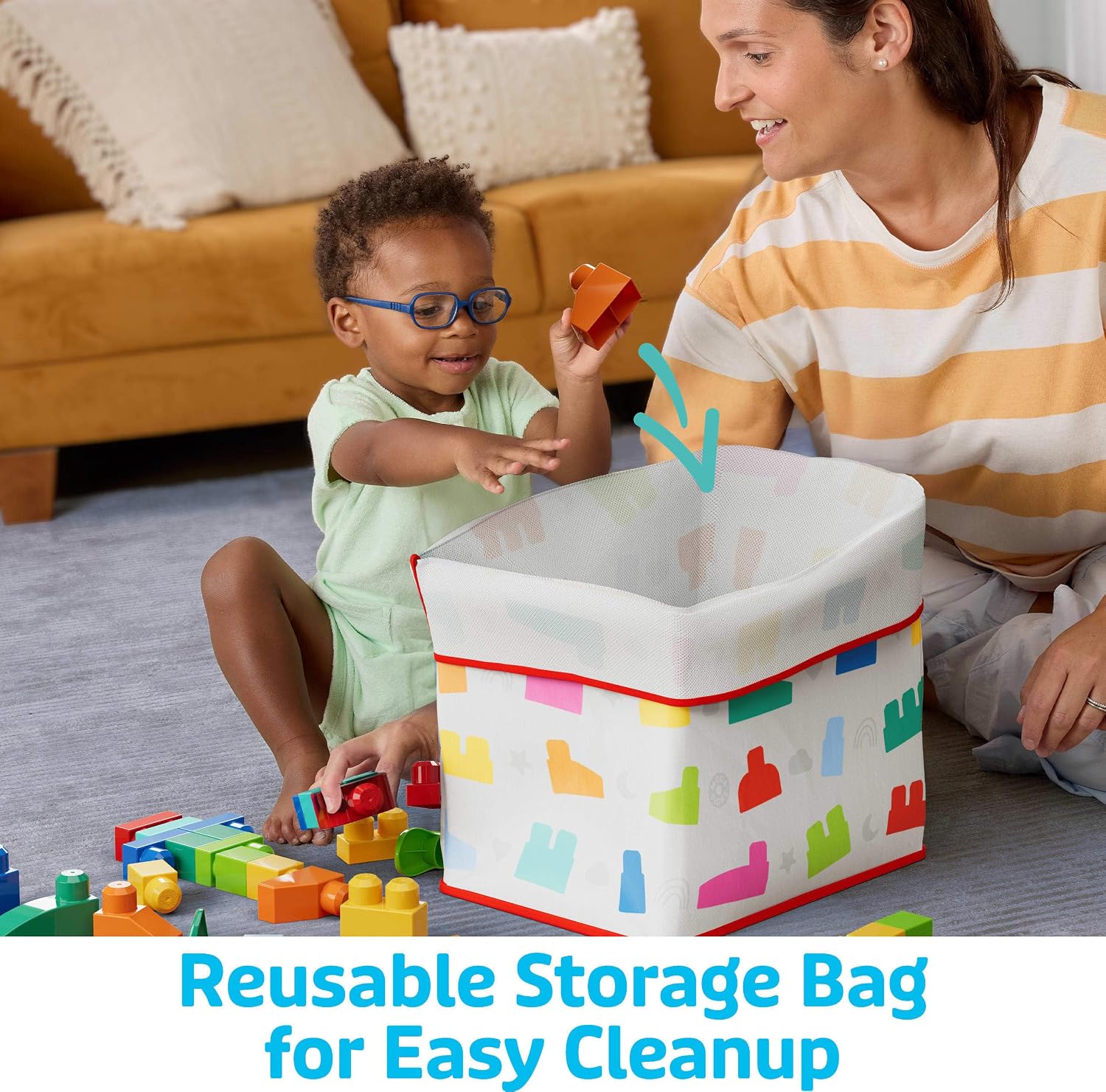 Detalle de Mega Bloks Fisher-Price toddler building toy with animal blocks (250 pieces, reusable storage bag) JCF93