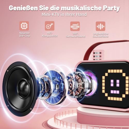 Detalle de JYX Karaoke Anlage mit 2 Mikrofonen (Rosa) – kompakte KTV-Box mit DSP-Sound, RGB-Licht und Akku