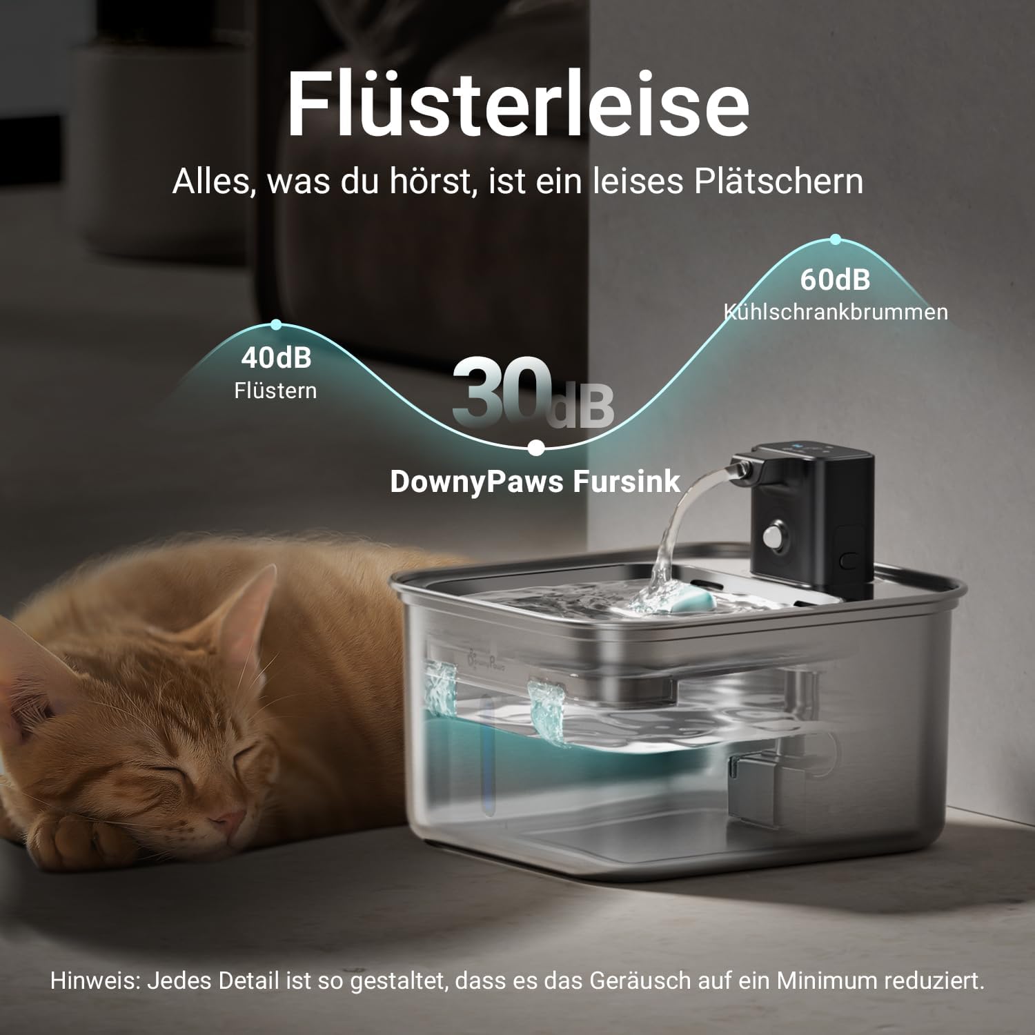 Detalle de DownyPaws Edelstahl-Katzenbrunnen Kabellos – 3L, Bewegungsmelder, leise & leicht zu reinigen