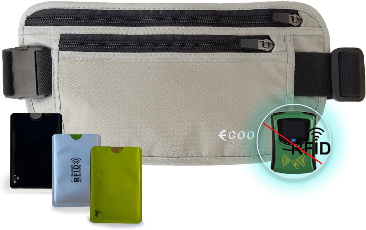 Detalle de Egoo Ultralight RFID Money Belt with Adjustable Elastic Strap (Grey) + 3 RFID Card Protector Sleeves