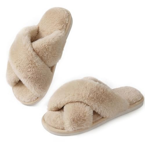 Imagen de Ankis Women Camel Fluffy Slippers: Cross Band Furry Open Toe, Cozy Plush Home Shoes en OfertitasTOP