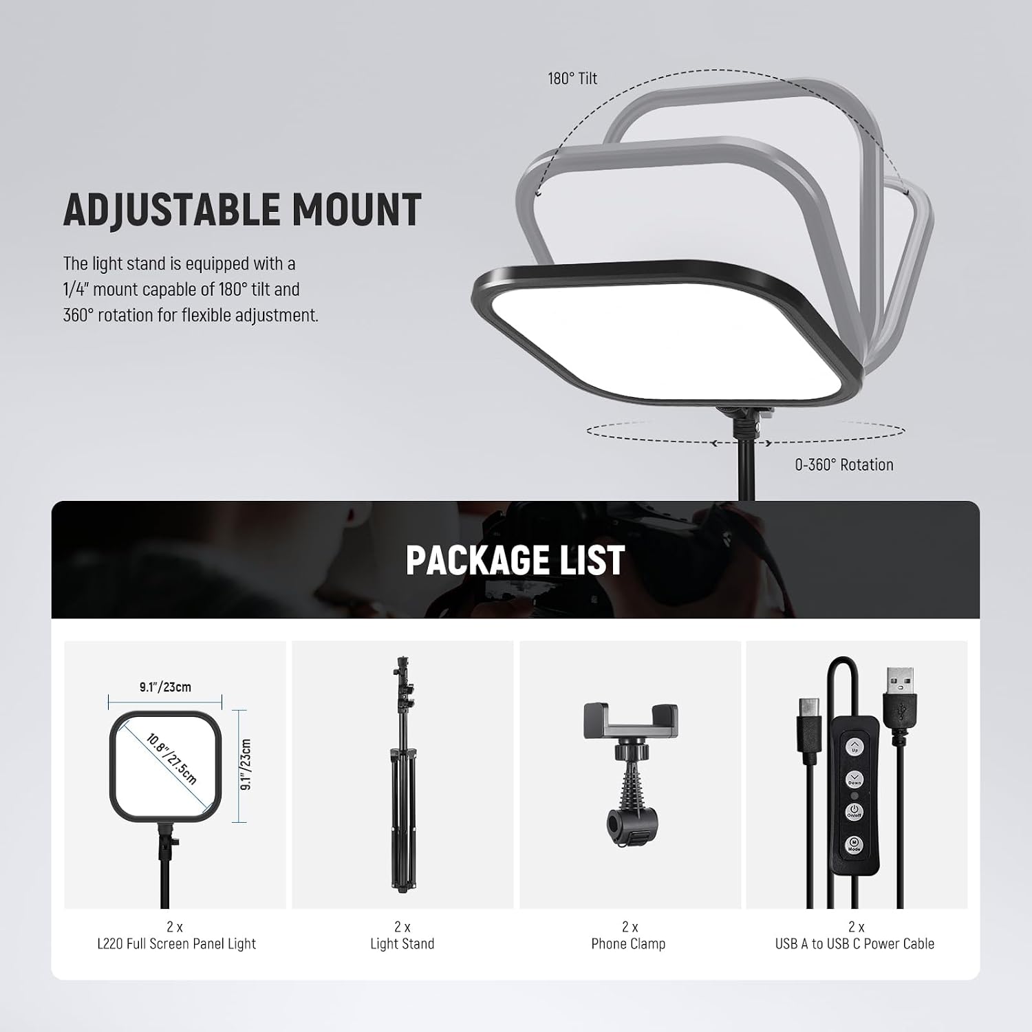 Thumbnail 6 de NEEWER BASICS 2 Pack 10.8" LED Video Light Panel Kit with 63" Tripod Stands and Phone Holders (L220)