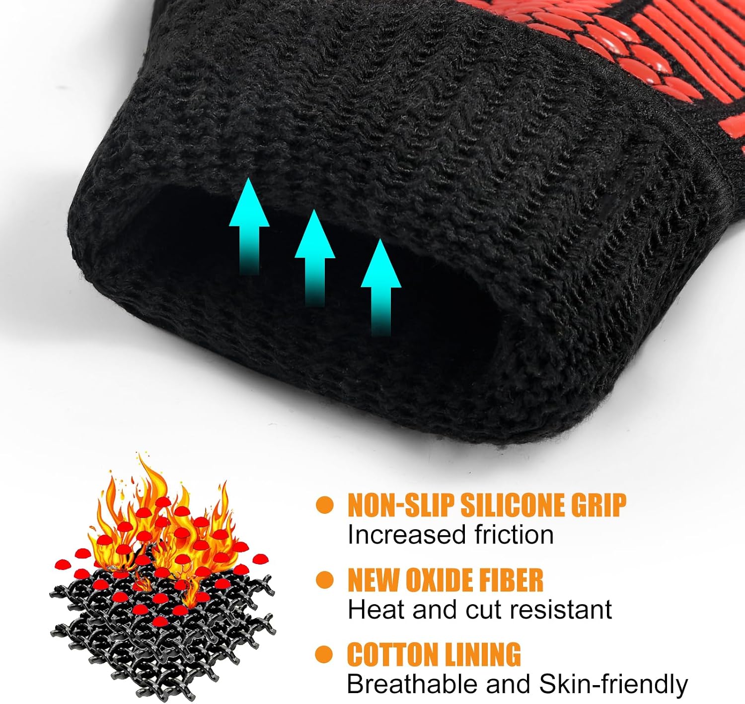Detalle de FITFIV BBQ Gloves: 1472°F Heat Resistant Oven Mitts with Silicone Grip