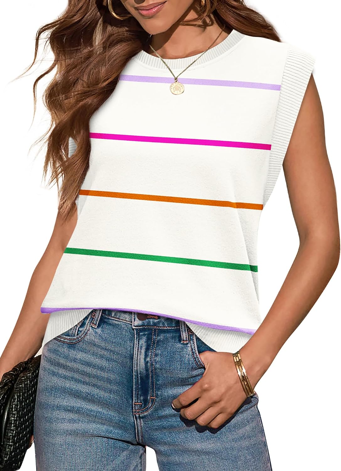 Detalle 2 de WIHOLL Women's Tank Tops: Lightweight Summer Knit with Crew Neck and Ribbed Cap Sleeves