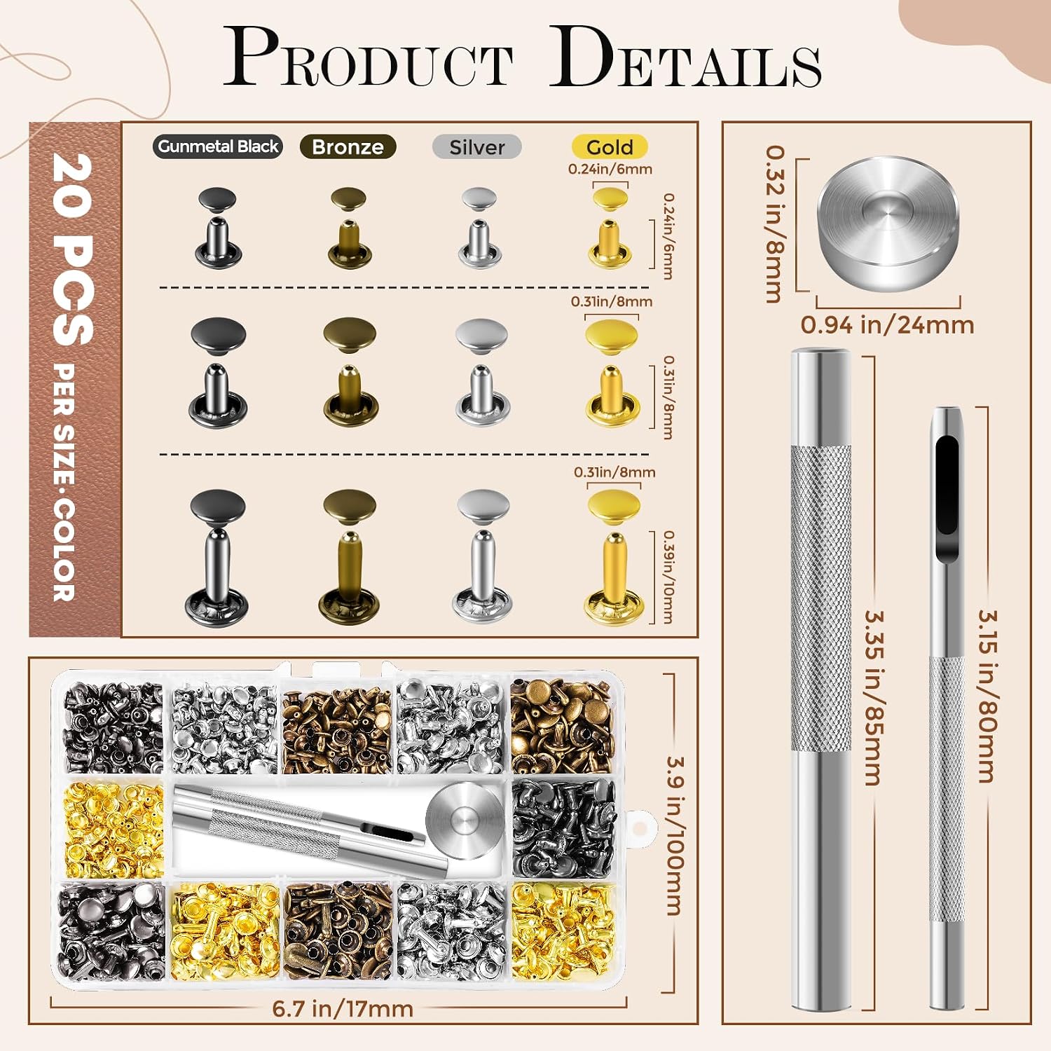 Detalle 2 de JETMORE 1 Leather Rivet Kit, 240 Sets in 4 Colors and 3 Sizes