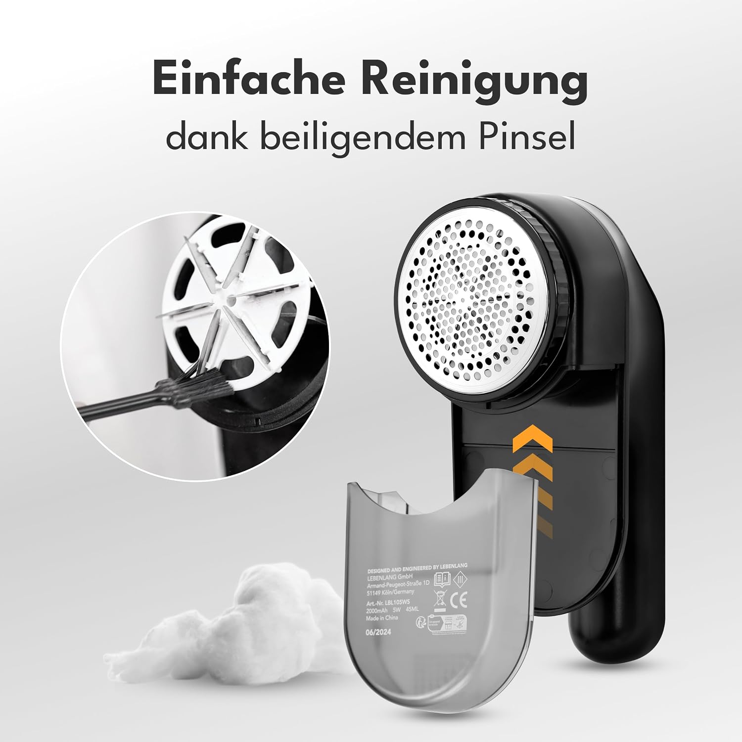 Detalle de LEBENLANG elektrischer Fusselrasierer 2000 mAh Akku – mit LED-Anzeige & Reinigungspinsel