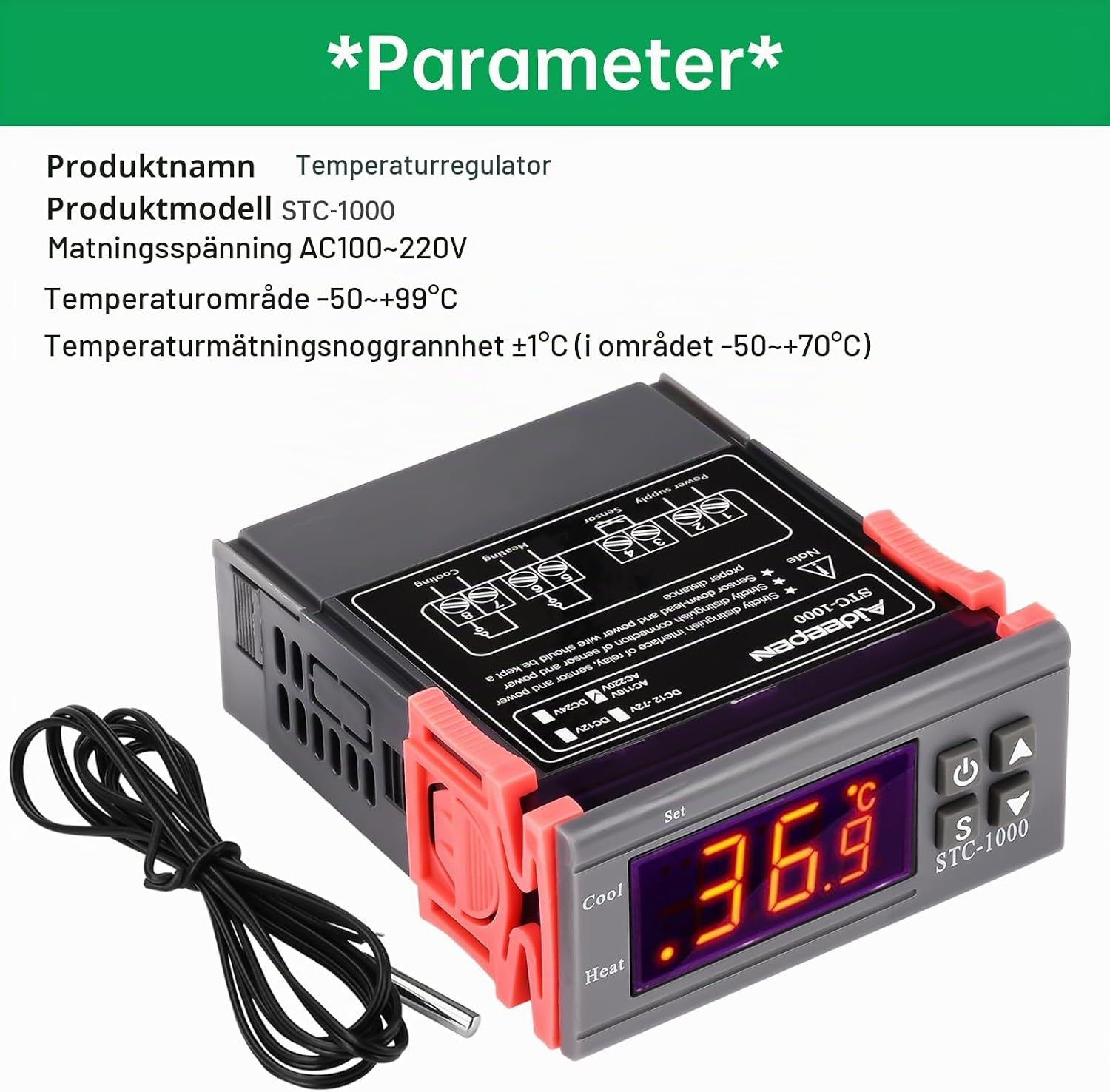 Thumbnail 6 de Aideepen STC-1000 temperaturregulator för värme och kyla med LCD och NTC 10K-givare