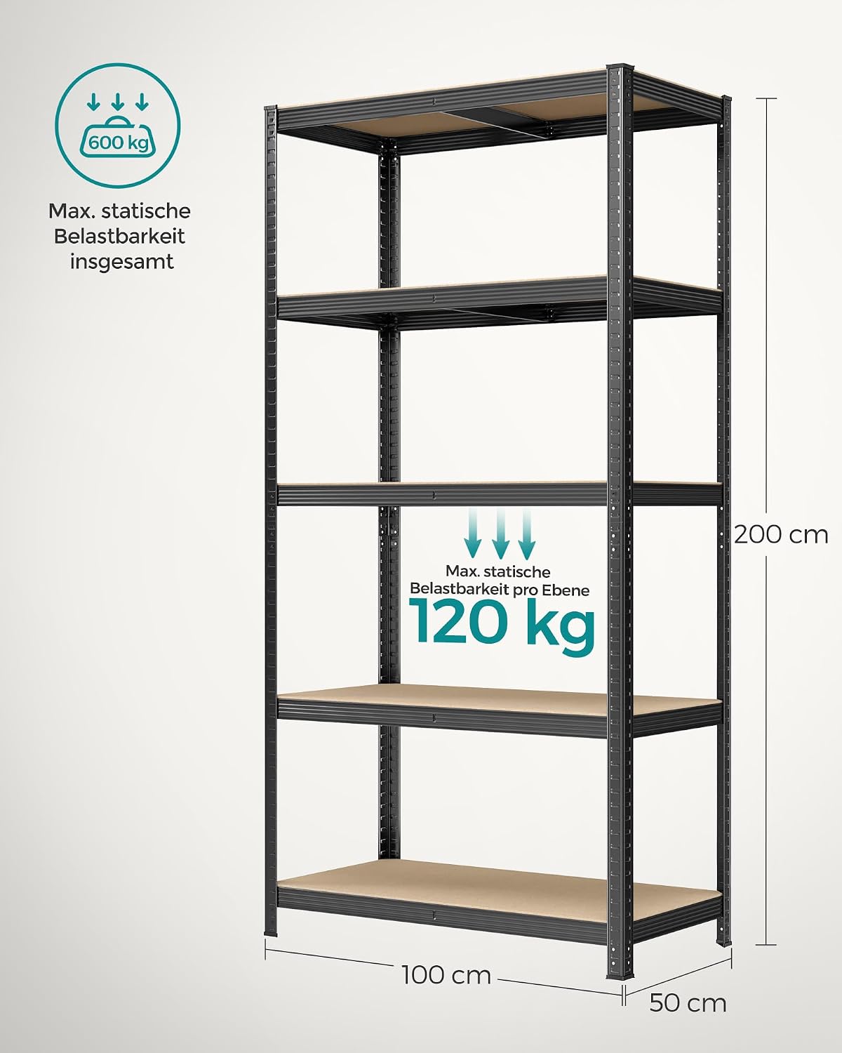 Detalle de SONGMICS Regal mit 5 Ebenen GLR050B01 (50 x 100 x 200 cm) – Stahlregal im Industriestil, verstellbare Bretter