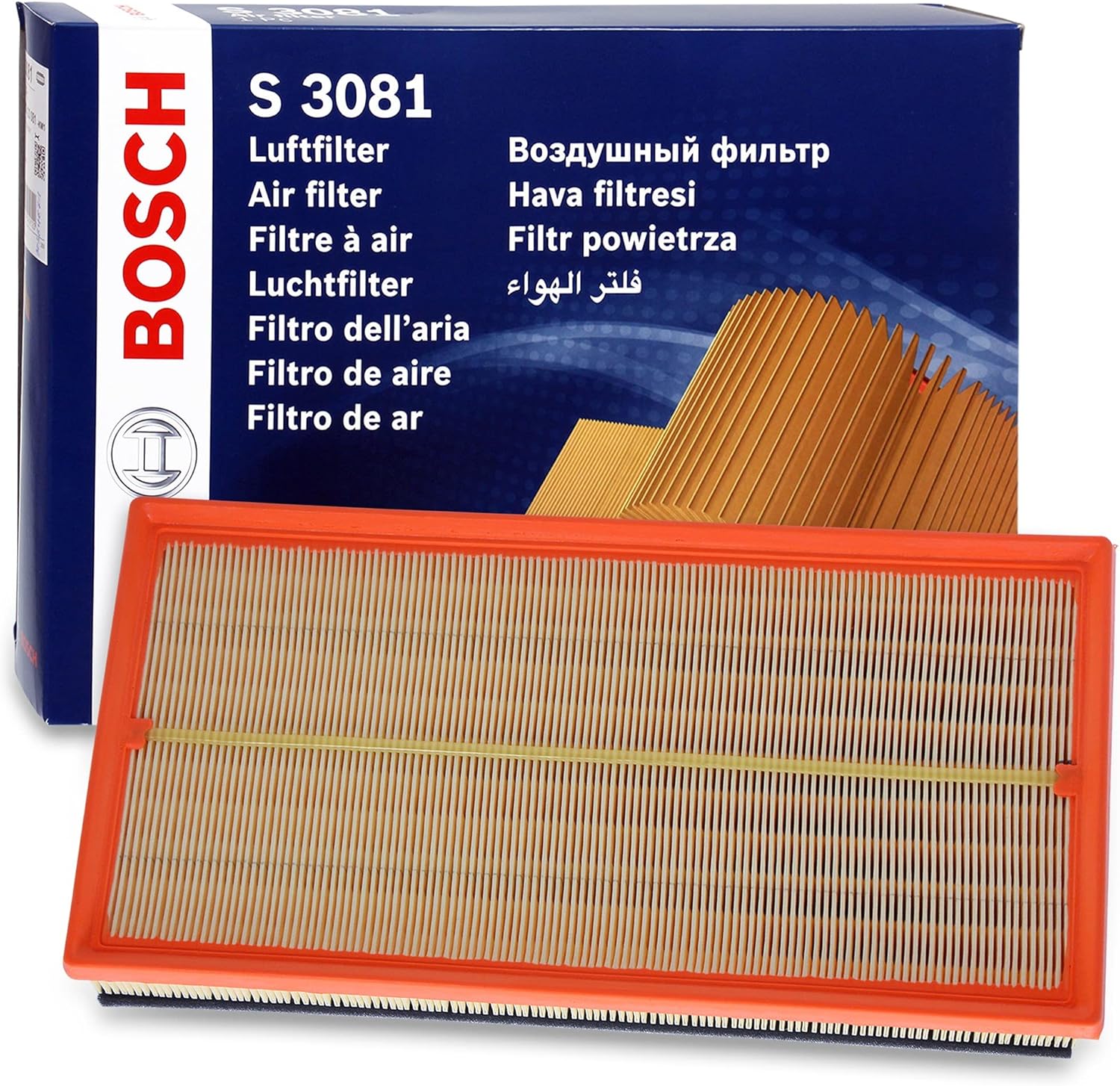 Detalle de Bosch S3081 Luftfilter für Autos – zuverlässiger Partikelschutz mit hoher Nass- und Reißfestigkeit