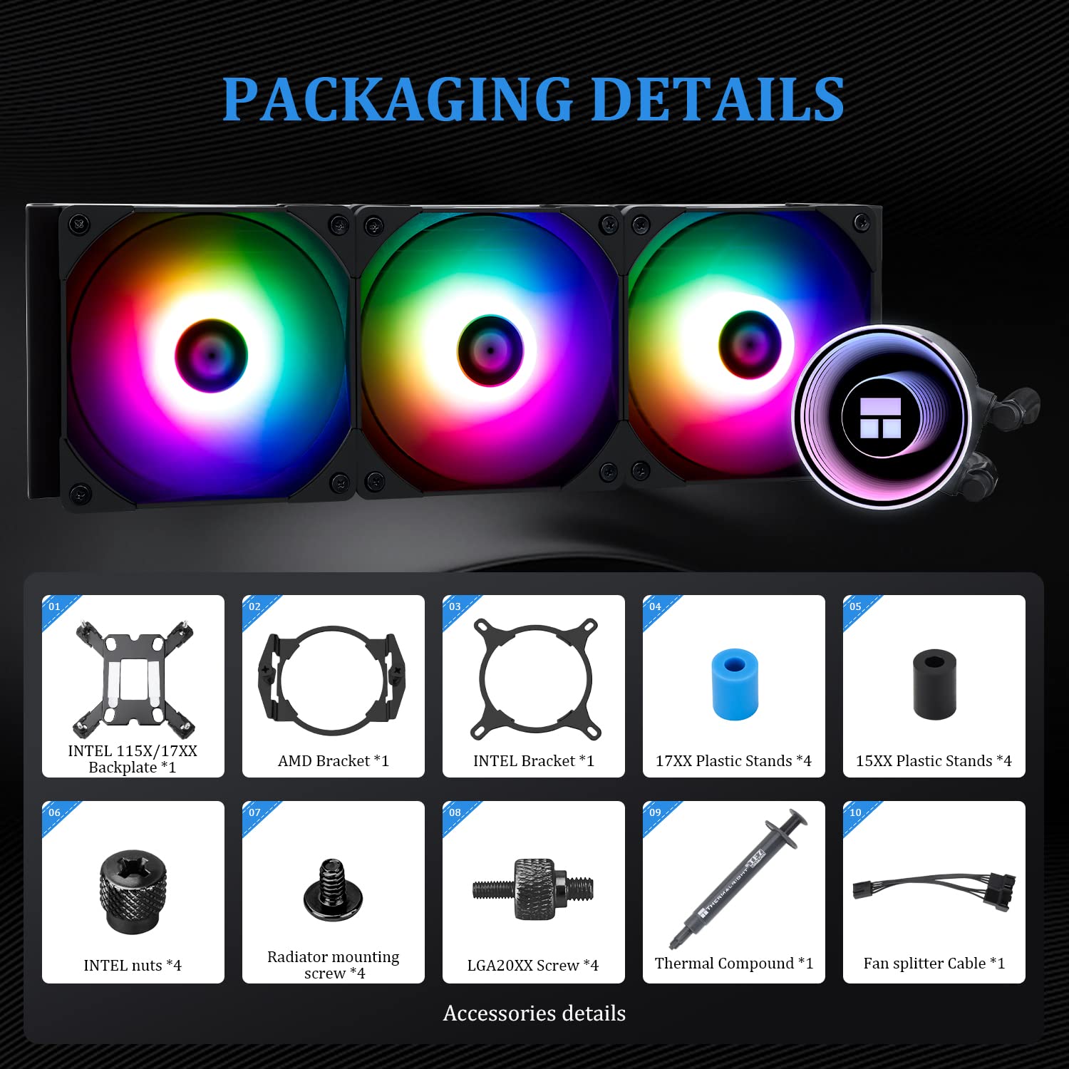 Detalle de Thermalright Frozen Notte 360 Black ARGB V2 360mm AIO liquid CPU cooler (AM4/AM5, Intel LGA 1851/1700/115x/1200/2011)