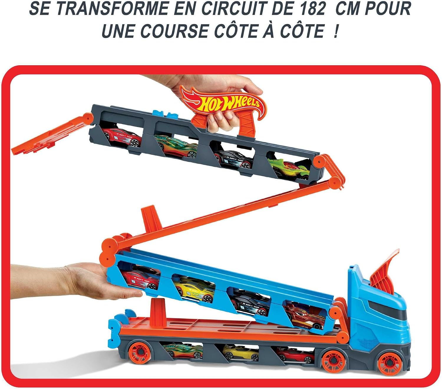 Detalle 2 de Hot Wheels Super Transporteur Extensible HGH33 : semi-remorque qui se déplie en piste