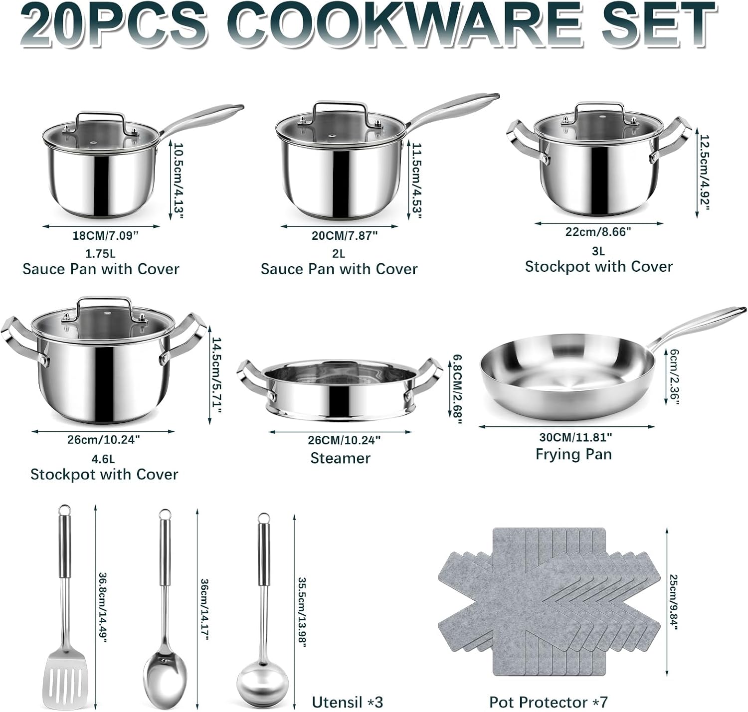 Detalle de Fruikit 20P Stainless Steel 3-Ply Pots and Pans Set