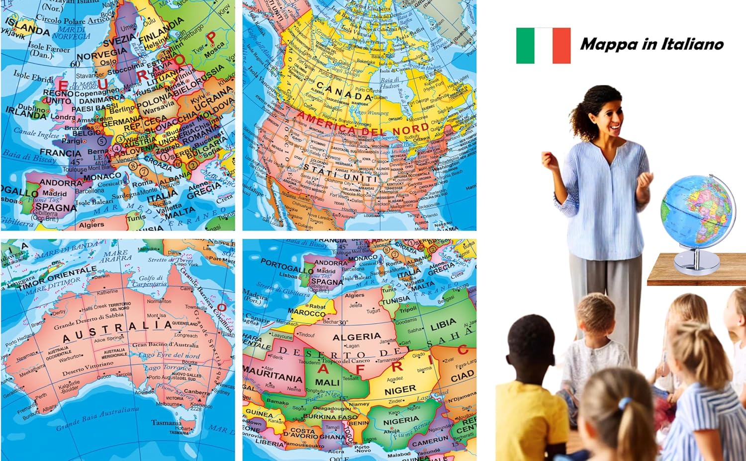 Thumbnail 2 de Exerz Mappamondo Illuminato 23 cm con supporto in metallo: Politica di giorno, Costellazioni di notte