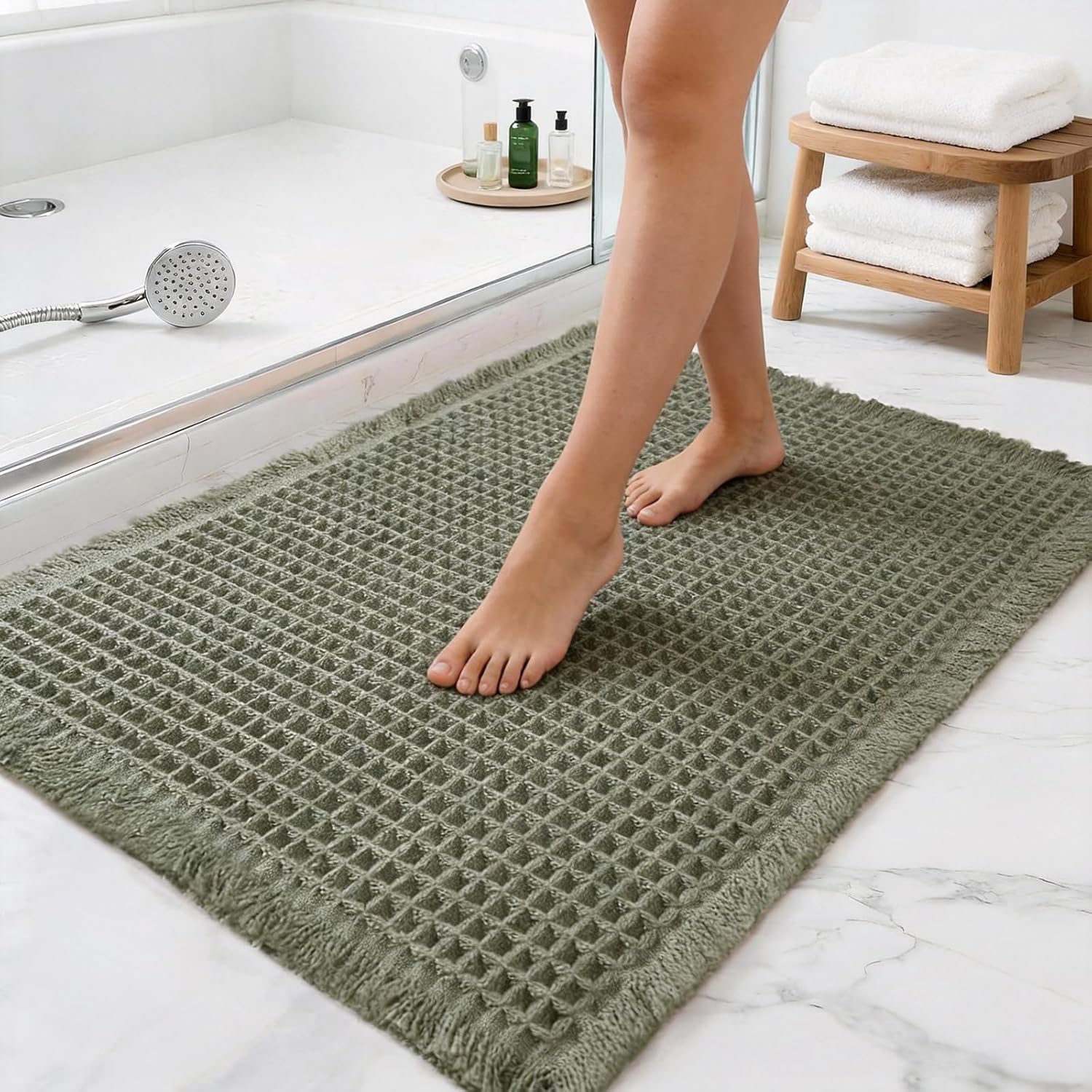 Thumbnail 5 de ZVFFDG Set of 2 Waffle Bathroom Rugs – Olive Green (18x30 and 24x36) with Non-Slip Backing