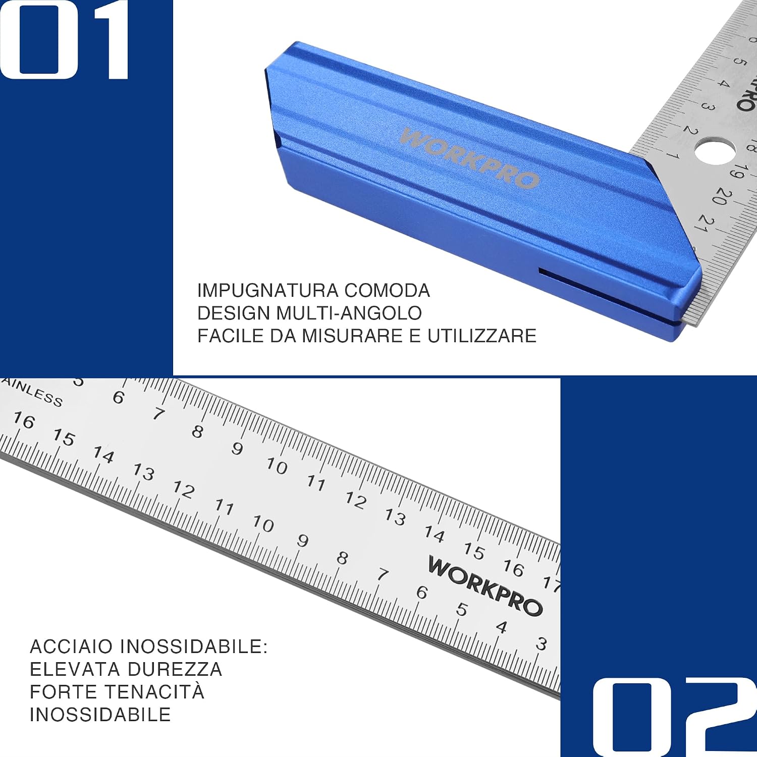 Detalle 2 de WORKPRO Squadra da Falegname 200mm con Lama in Acciaio Inossidabile e Manico in Alluminio