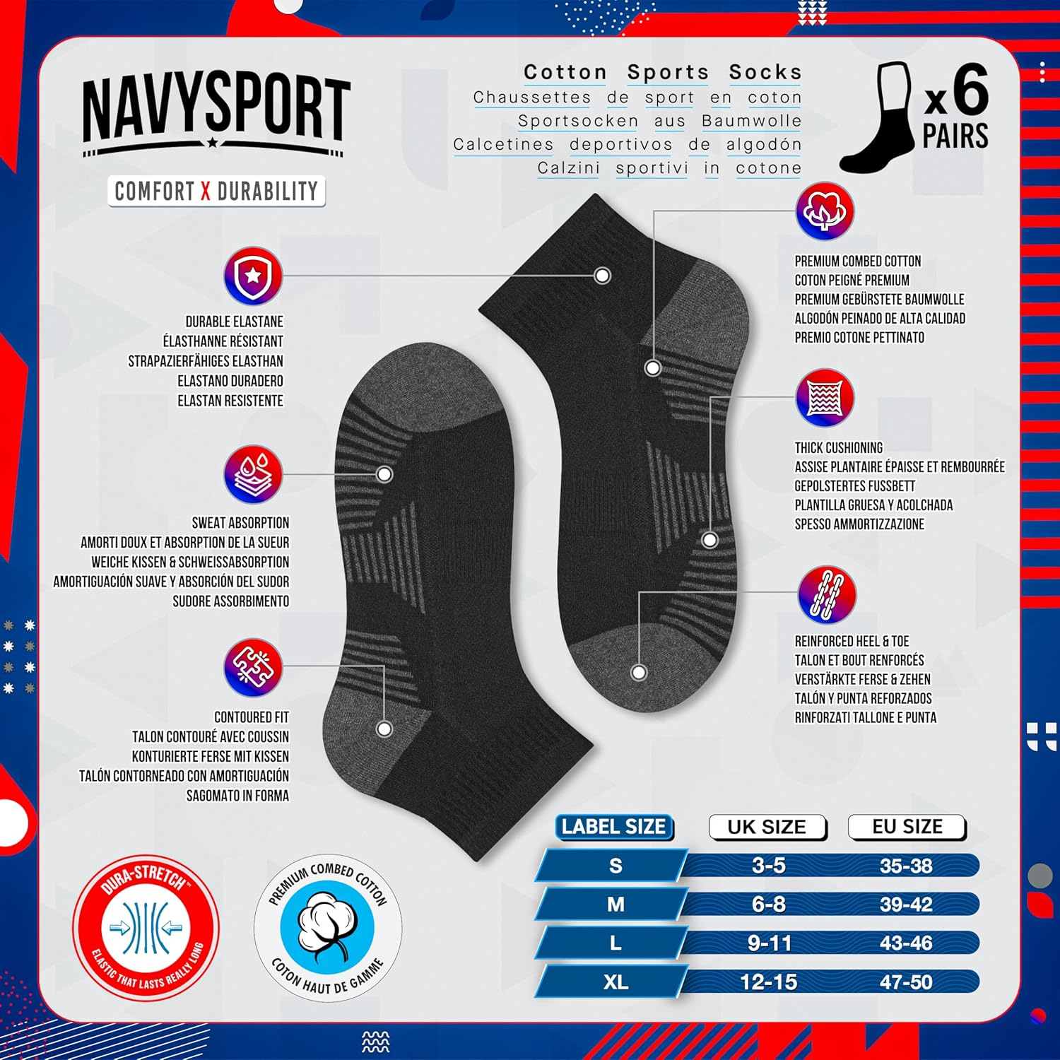 Thumbnail 1 de NAVYSPORT Chaussettes de sport en coton pour homme – lot de 6 paires