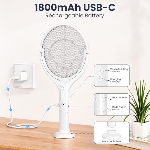 Thumbnail 4 de BKXCHA Raqueta Mosquitos Eléctrica con Pértiga Telescópica y Cabezal Giratorio (4000V, 1800mAh) – 2 en 1, Luz LED y Mata Moscas