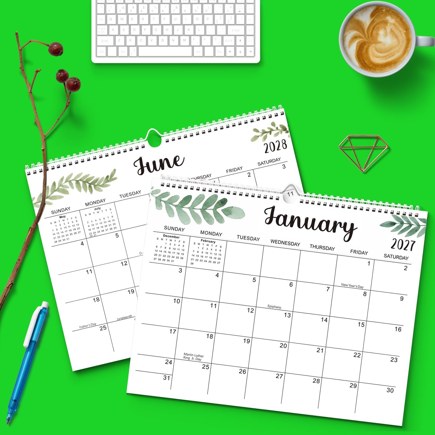 Detalle 2 de PARTSPOWER 2027–2028 Wall Calendar, 18-Month Leaf Organizer with Stickers