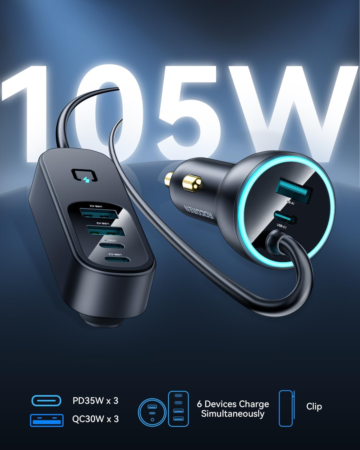 Detalle de Rocoren 105W USB-C Auto-Ladegerät Adapter mit 6 Ports – PD3.0/QC3.0