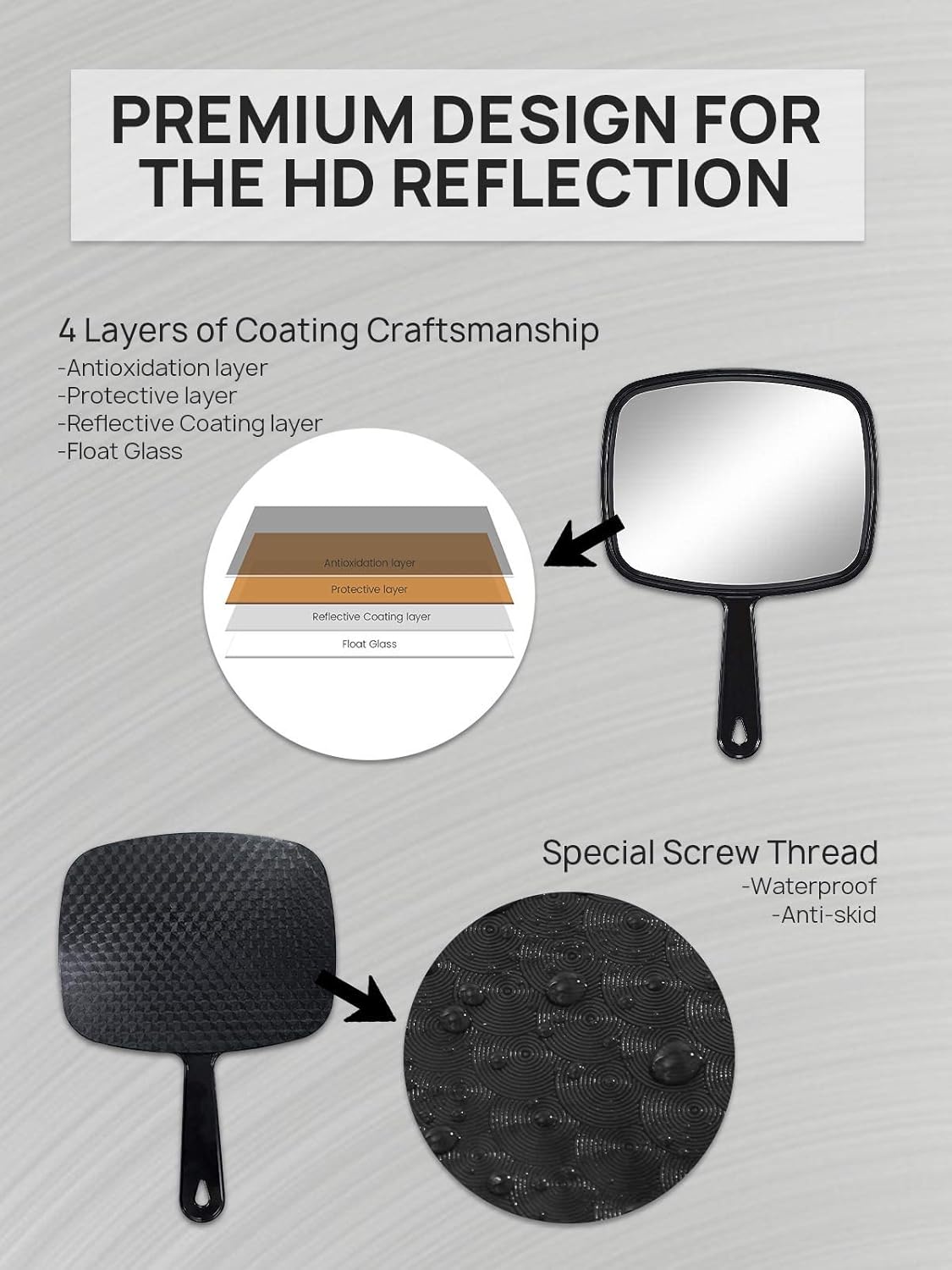 Detalle de OMIRO Hand Mirror (All Black) – HD handheld rectangle mirror with handle, 16.8 x 23.6 cm