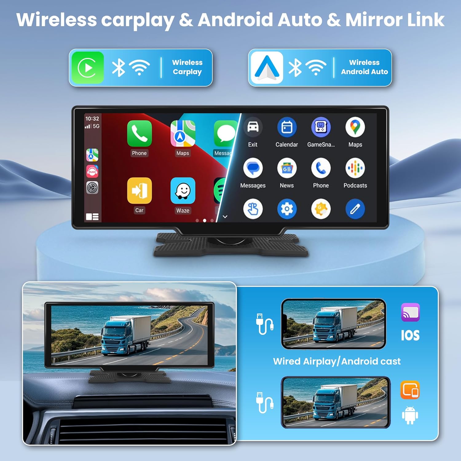 Detalle 2 de 10.26-Inch Portable CarPlay Screen with Wireless CarPlay & Android Auto for 7V–32V Vehicles