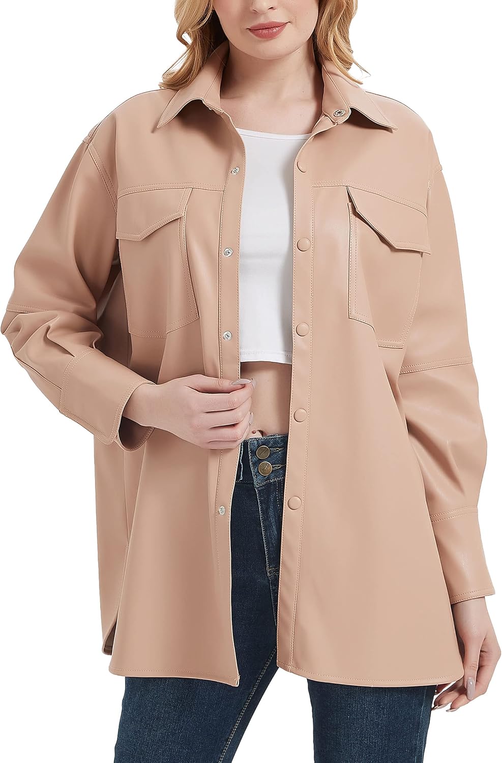 Detalle de RISISSIDA Women's Faux Leather Shacket with Brushed Lining and Chest Pockets
