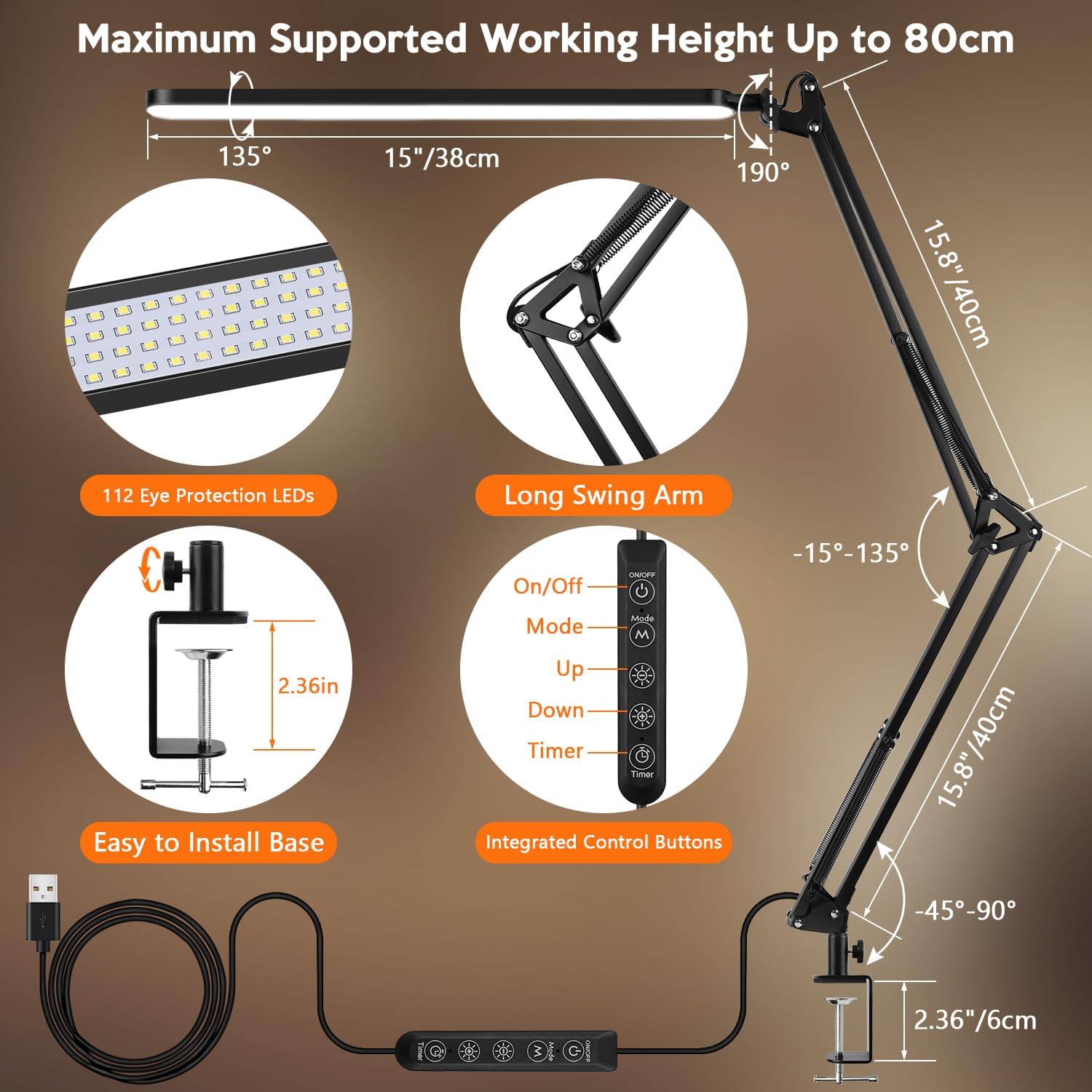 Detalle de BIENSER Lampe de Bureau LED avec pince – 11 niveaux d’éclat et 5 températures de couleur