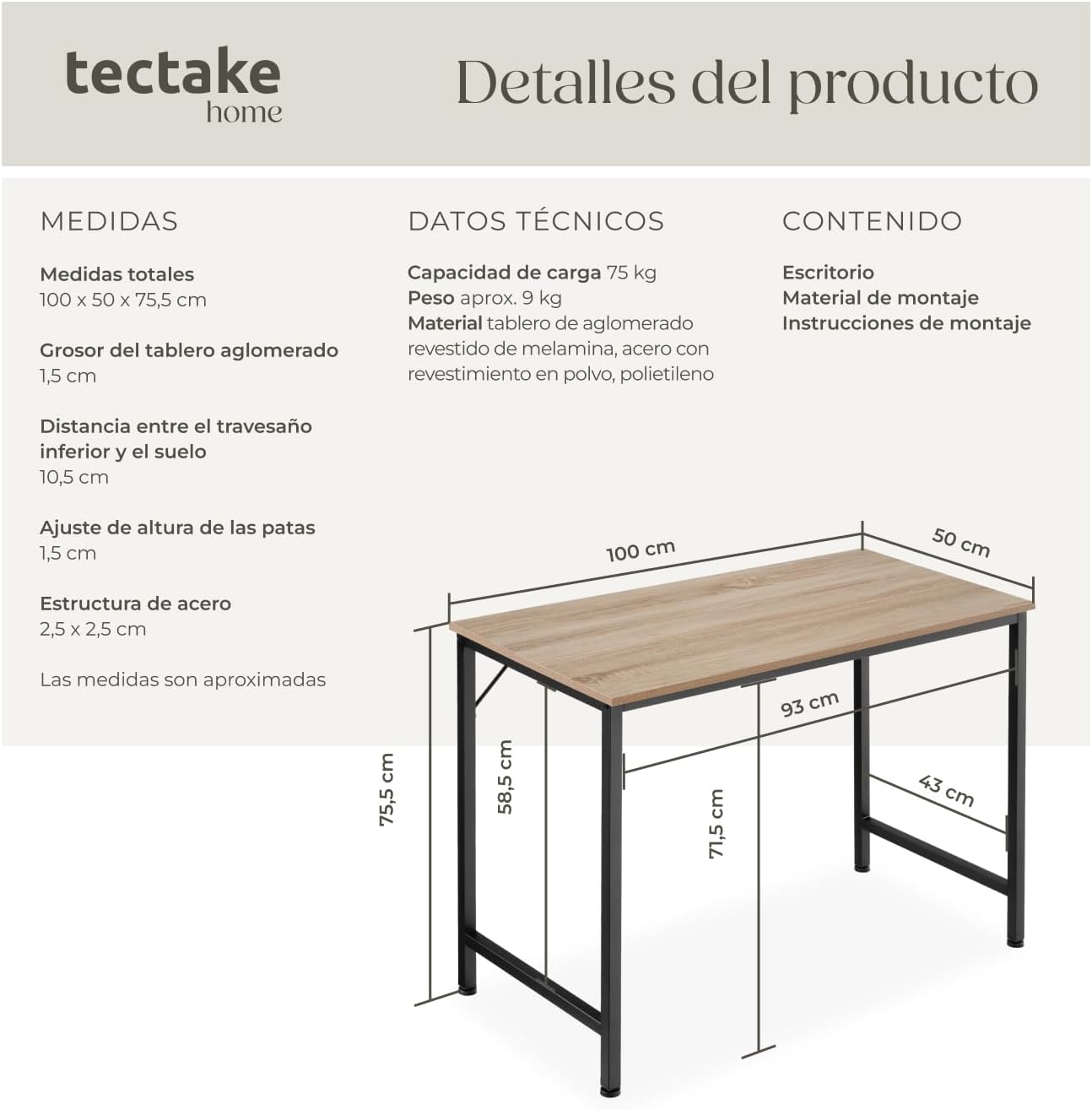 Thumbnail 1 de TecTake Mesa Escritorio 100x50 cm