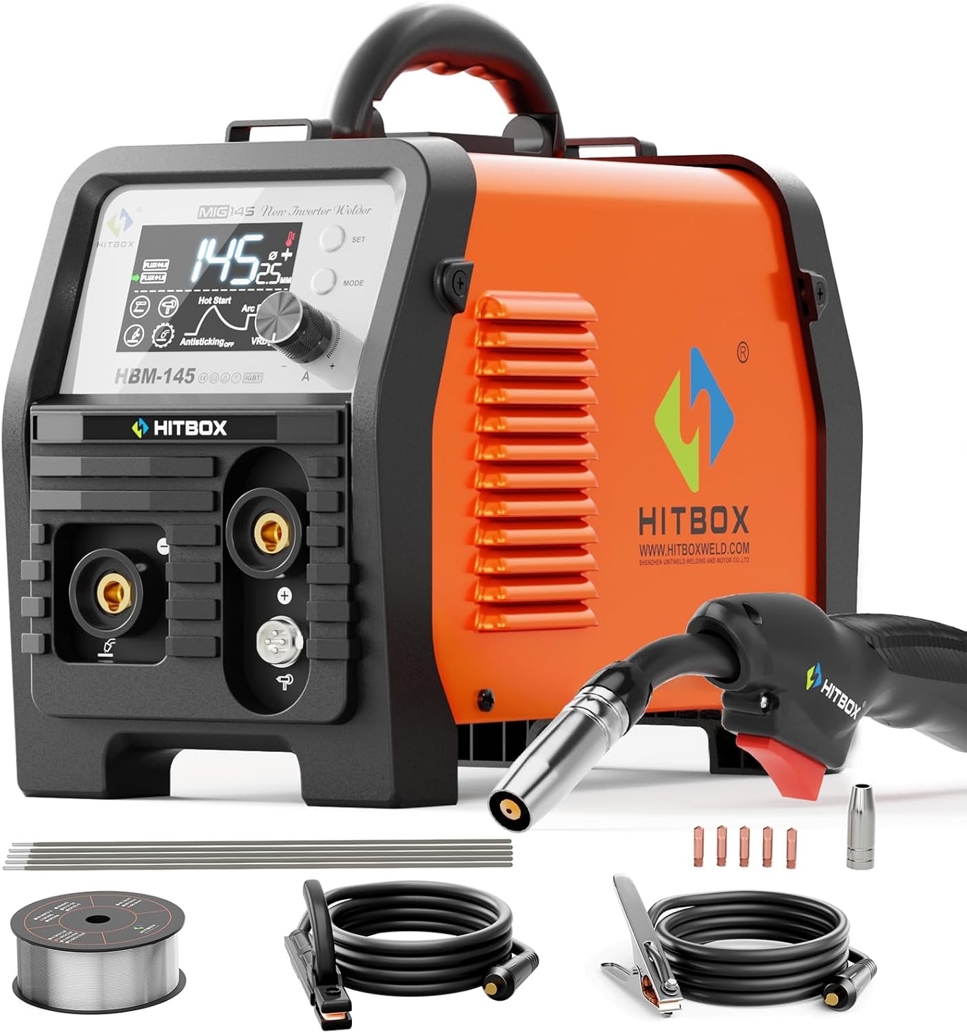 Detalle de HITBOX 145A 4-in-1 Portable MIG Welder – 240V Gasless Digital Inverter (HBM145)