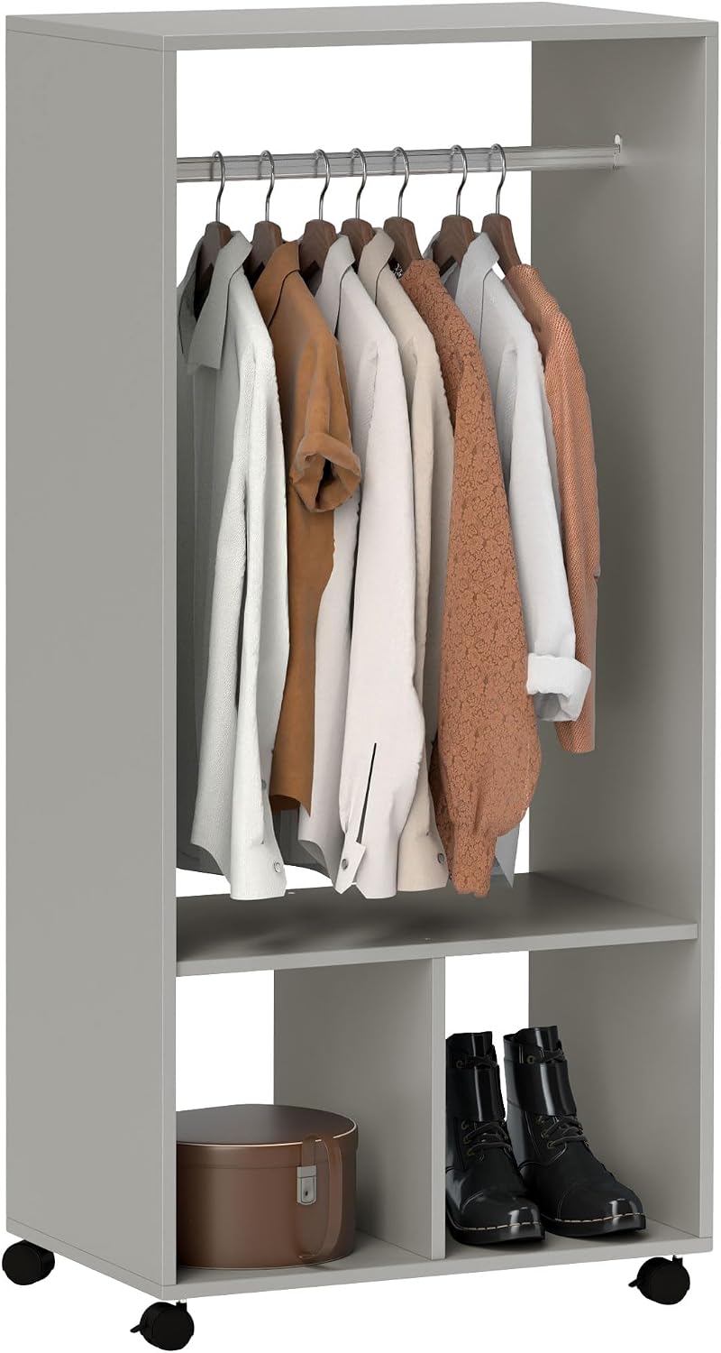 Detalle de HOMCOM Armoire penderie étagère 2 niches et 4 roulettes – Gris