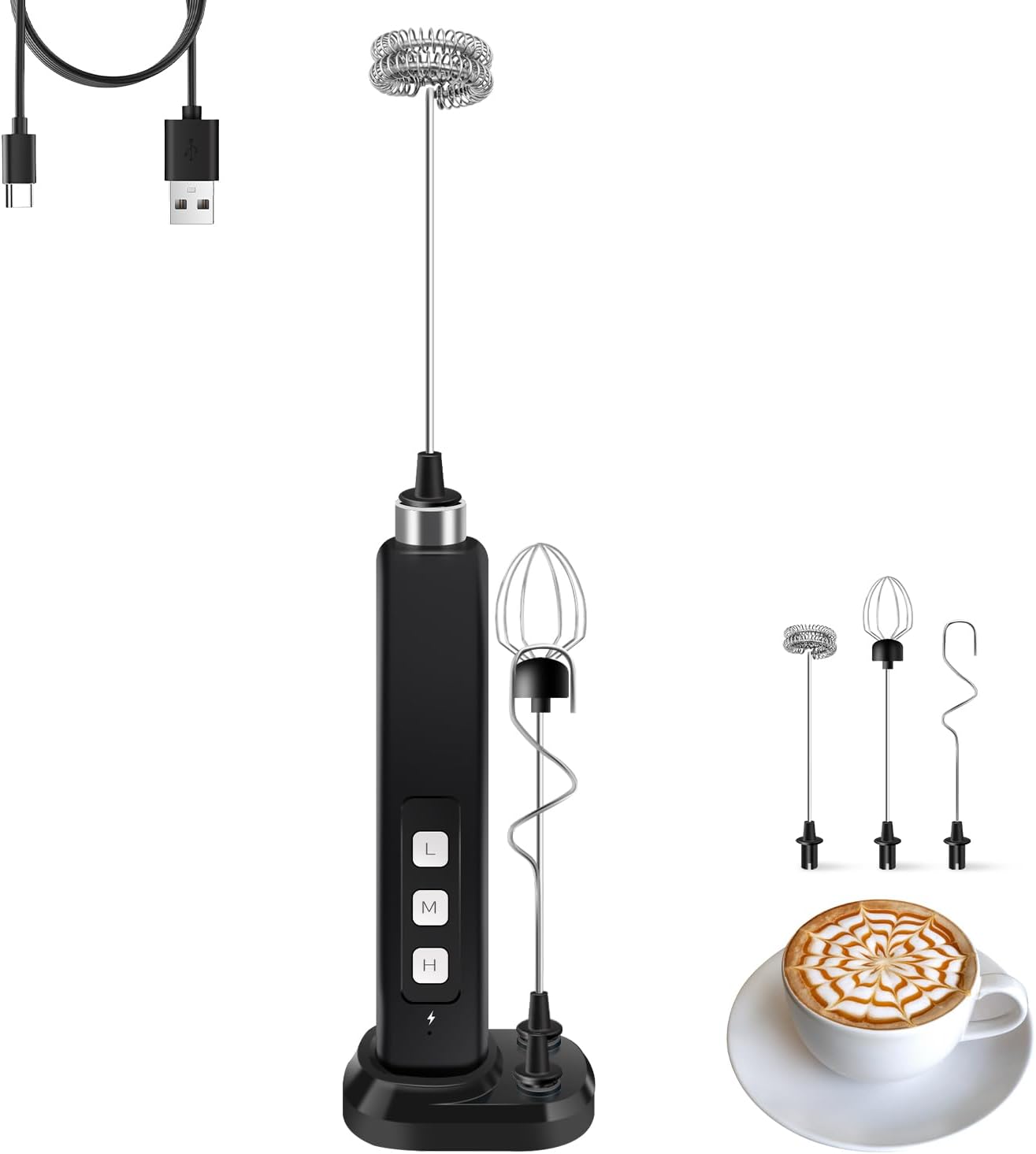 Detalle de Rechargeable Milk Frother Handheld with 3 Detachable Stainless Whisks and Charging Base