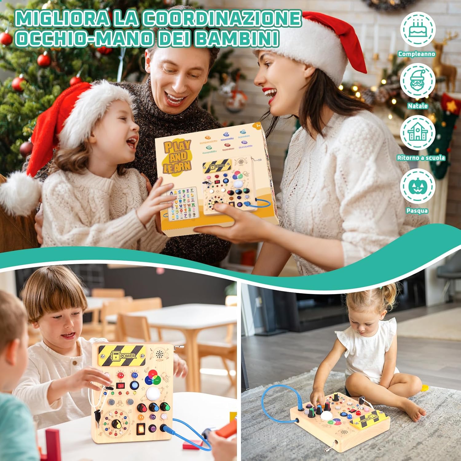 Thumbnail 5 de Giochi Montessori Busy Board in legno con 12 interruttori e 24 luci LED (carillon rotante e colori)