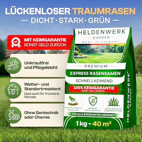Detalle de HELDENWERK Rasensamen schnellkeimend Sommer 1kg / 40m² – robustes Duo-Keim-Mix für Neuanlage, Nachsaat und Reparatur