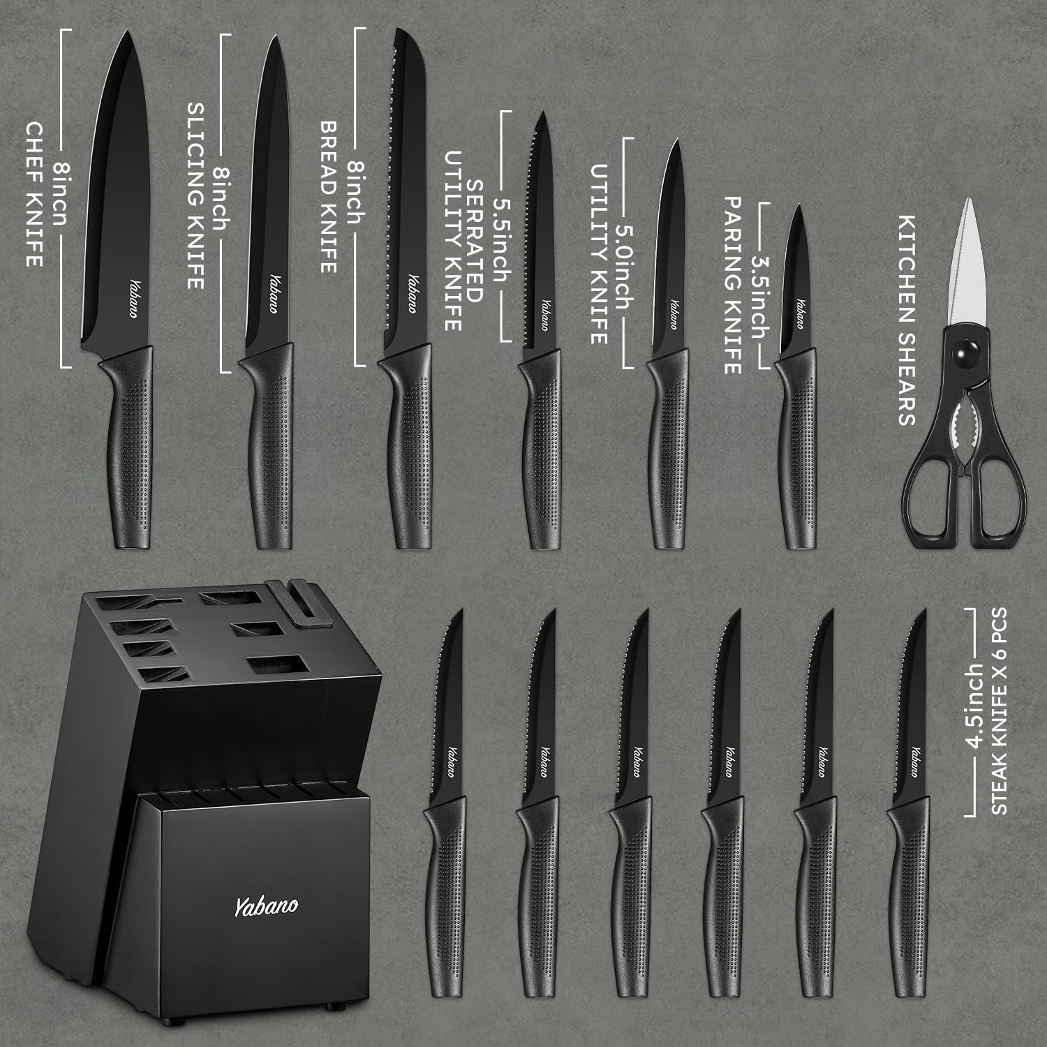 Detalle 2 de Yabano 14-Piece Kitchen Knife Set with Integrated Sharpener Block, Black