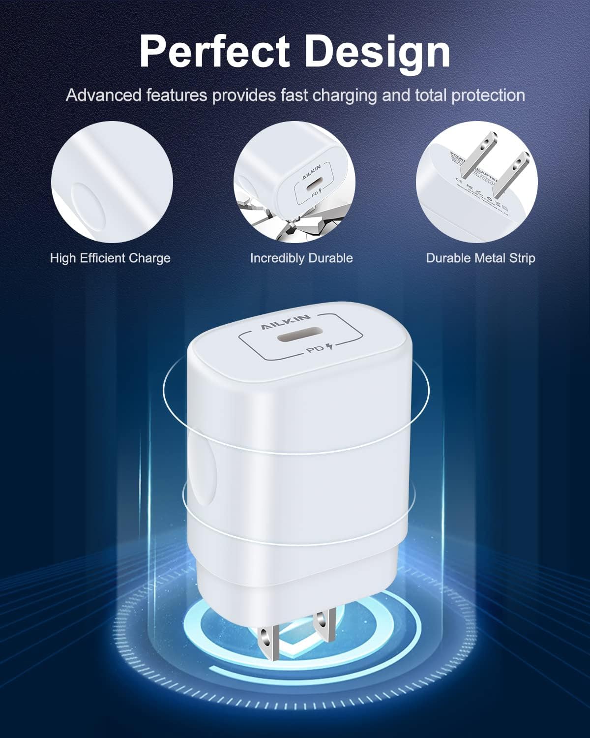 Detalle de AILKIN 25W USB-C Wall Charger, Single-Port Fast Charging, White