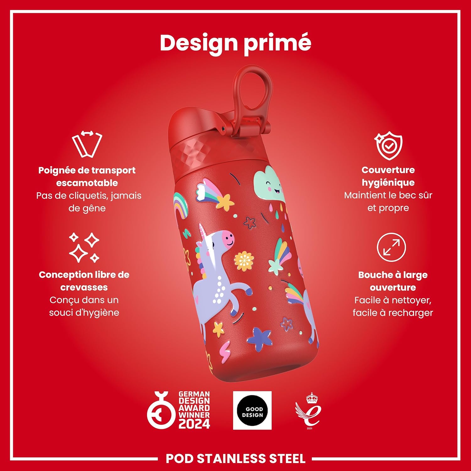 Detalle 2 de ION8 Gourde Enfant – Anti-Fuite, Ouverture Facile et Verrouillage Sécurisé, Lavable au Lave-Vaisselle, Motif Licornes