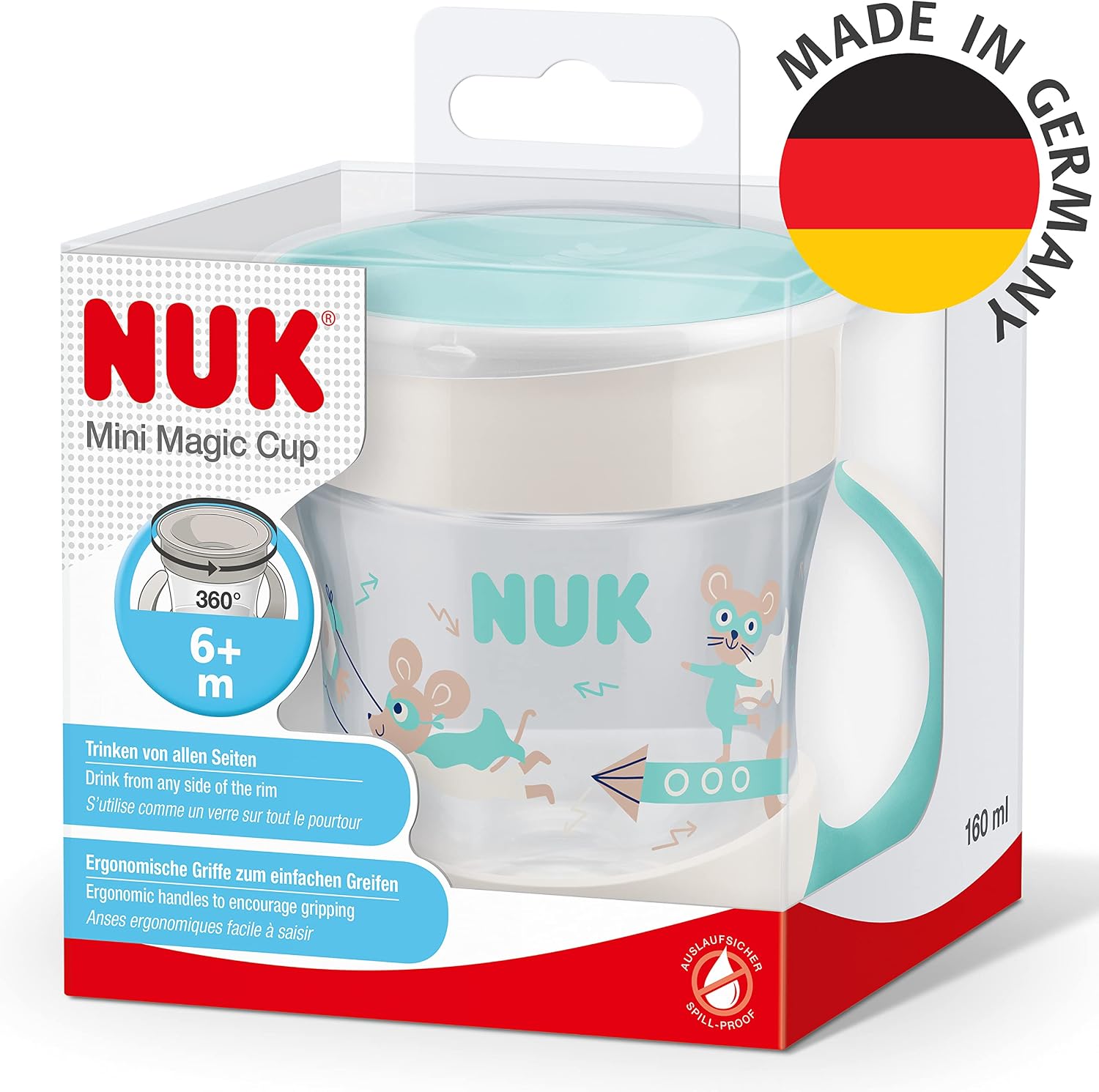 Detalle de NUK Mini Magic Cup: taza para sorber 360° sin derrames, +6 meses, 160 ml en turquesa