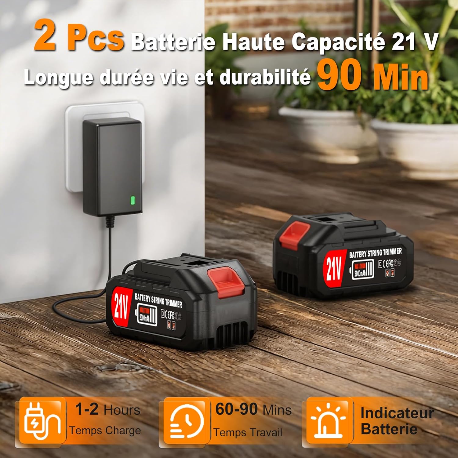 Detalle de DéBroussailleuse à Électrique Sans Fil 21V – 2 Batteries + Chargeur Rapide, 4 Lames et Roues (Élagage et Taille des Bordures)