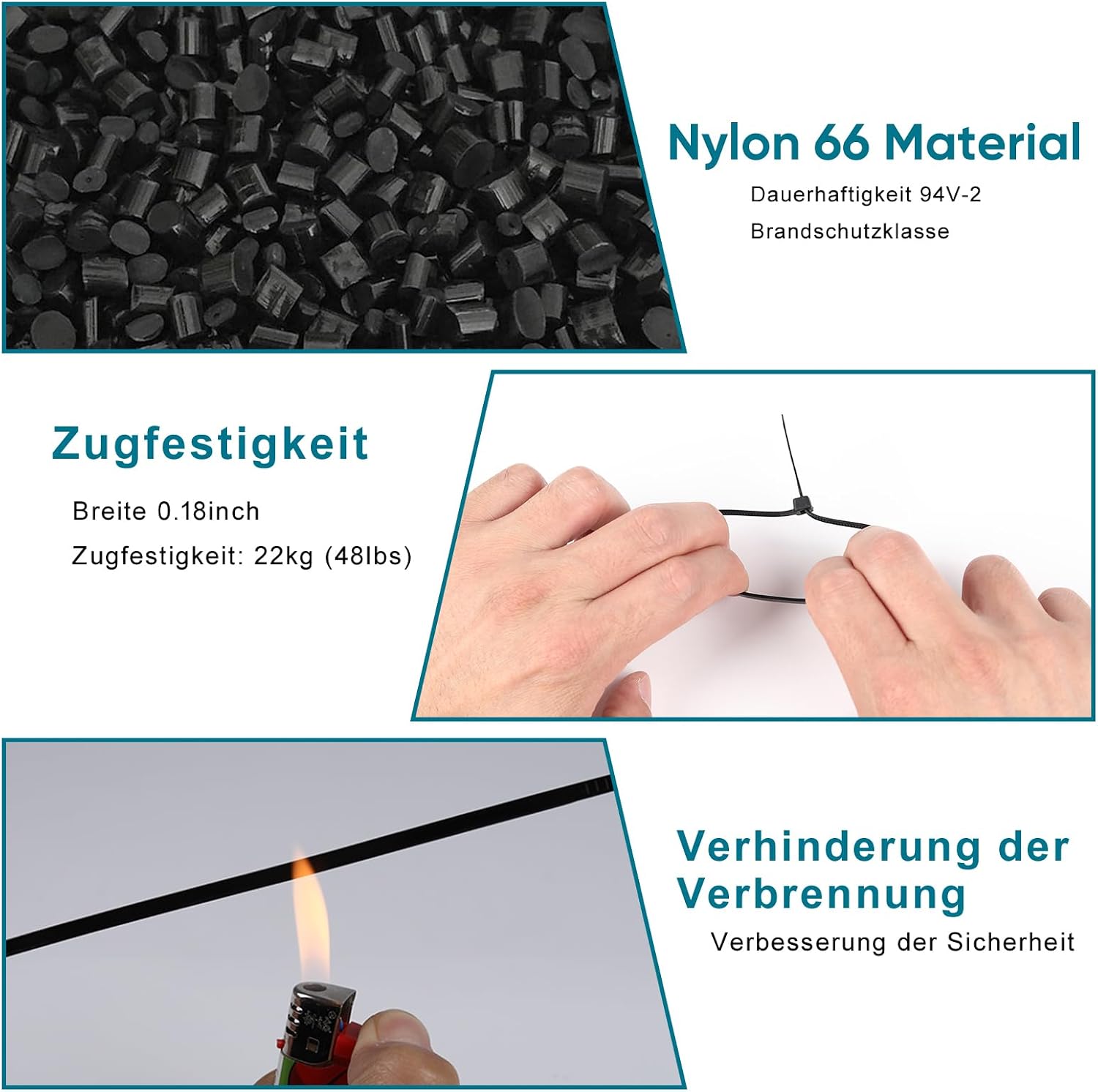 Detalle de 500 Stück Kabelbinder Schwarz, 200 mm x 4,8 mm – UV-beständig, 22 kg Zugfestigkeit
