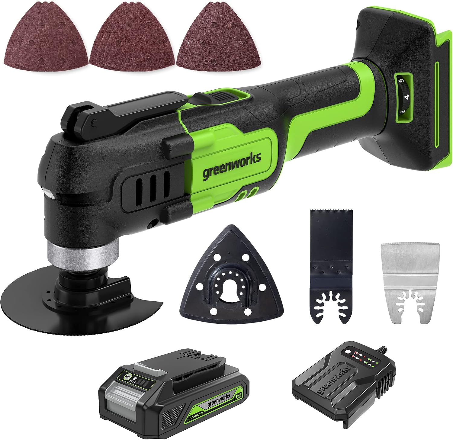 Detalle de Greenworks G24MTK2 Utensile Multifunzione a Batteria: oscillante, 6 velocità e 5 accessori da 24V con batteria 2Ah