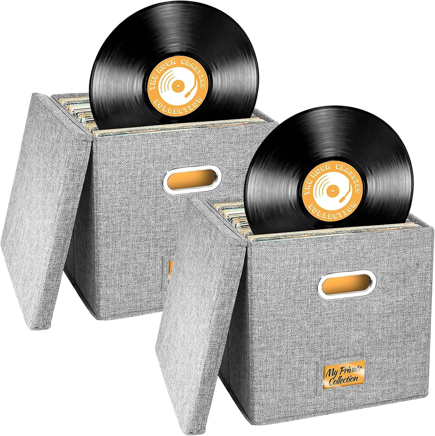 Aolawco 2-Pack 12-inch Vinyl Record Storage Boxes with Lids & Handles (Grey) – Folding LP/ CD Organiser