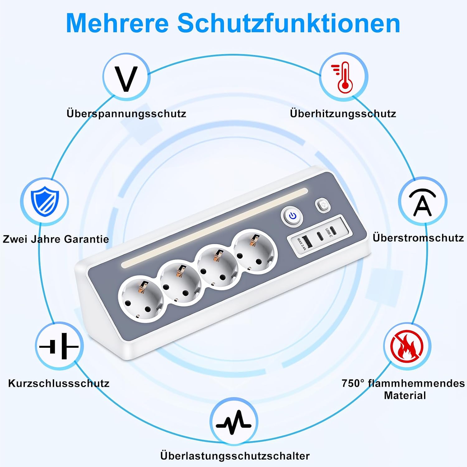 Detalle de Steckdosenleiste mit 2 USB-C, 4-fach Flachstecker und Überspannungsschutz – kompakt & flexibel