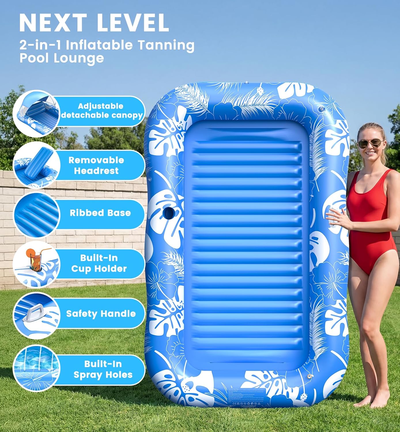 Thumbnail 2 de Inflatable Tanning Pool Lounger Float with Canopy & Sprinkler UPF50+ (77" x 48")