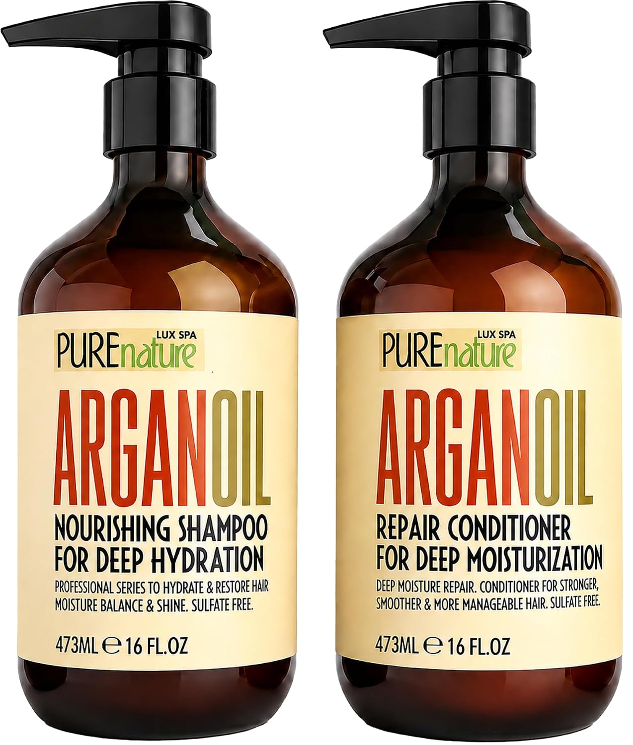 Detalle de PURE NATURE LUX SPA Moroccan Argan Oil Shampoo and Conditioner Set, Sulfate-Free with Keratin
