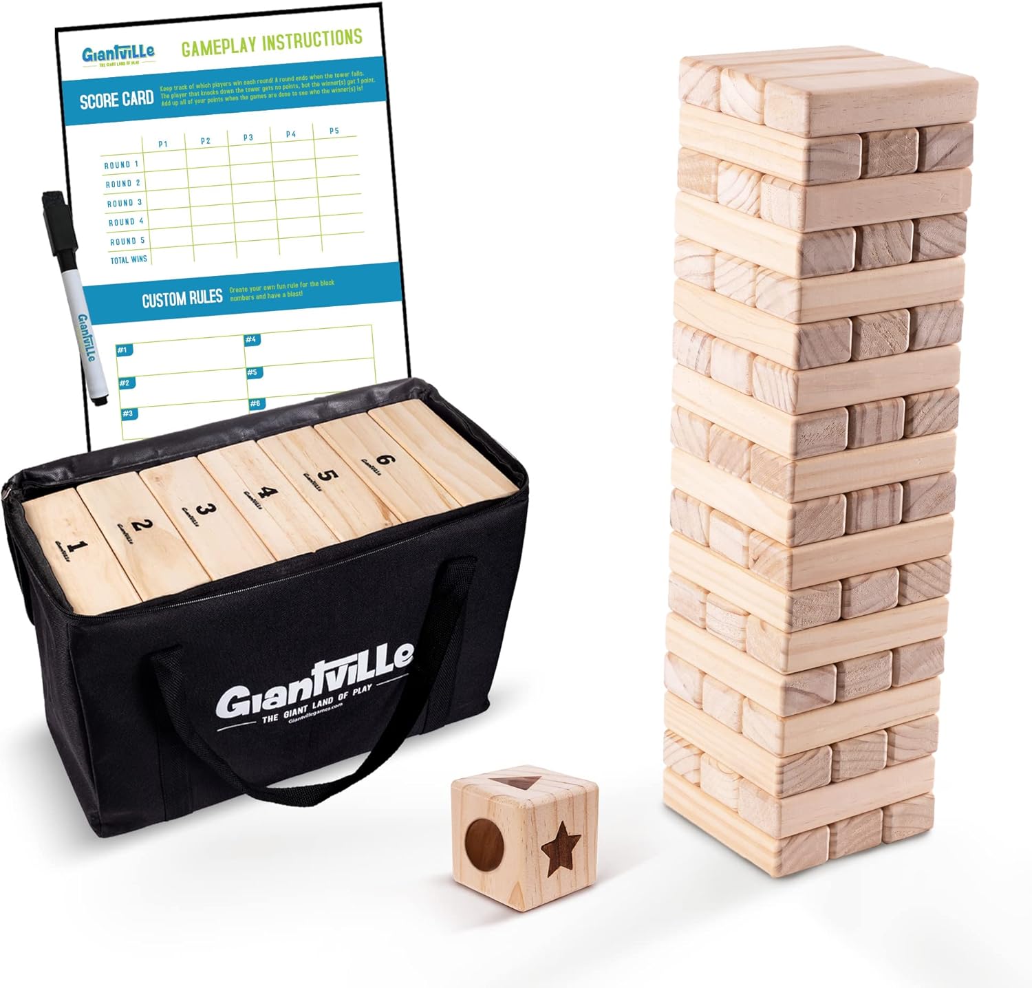 Detalle de Giantville Giant Tumbling Timber Toy (STEAM-Credited) — 56-Piece Premium Pine Block Tower Game w/ Carry Bag