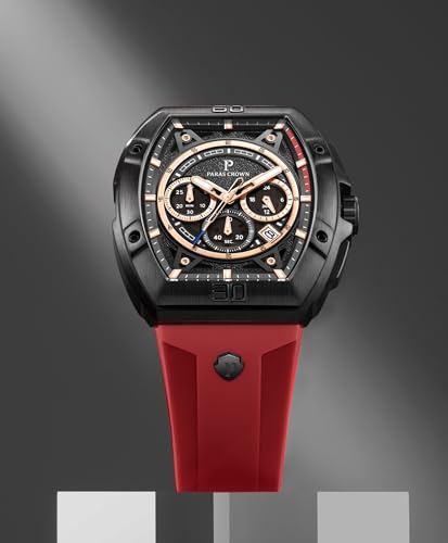 Thumbnail 2 de PC PARAS CROWN Montre Homme Quartz Chronographe – Boîtier Tonneau, acier inoxydable, 5 ATM, bracelet silicone