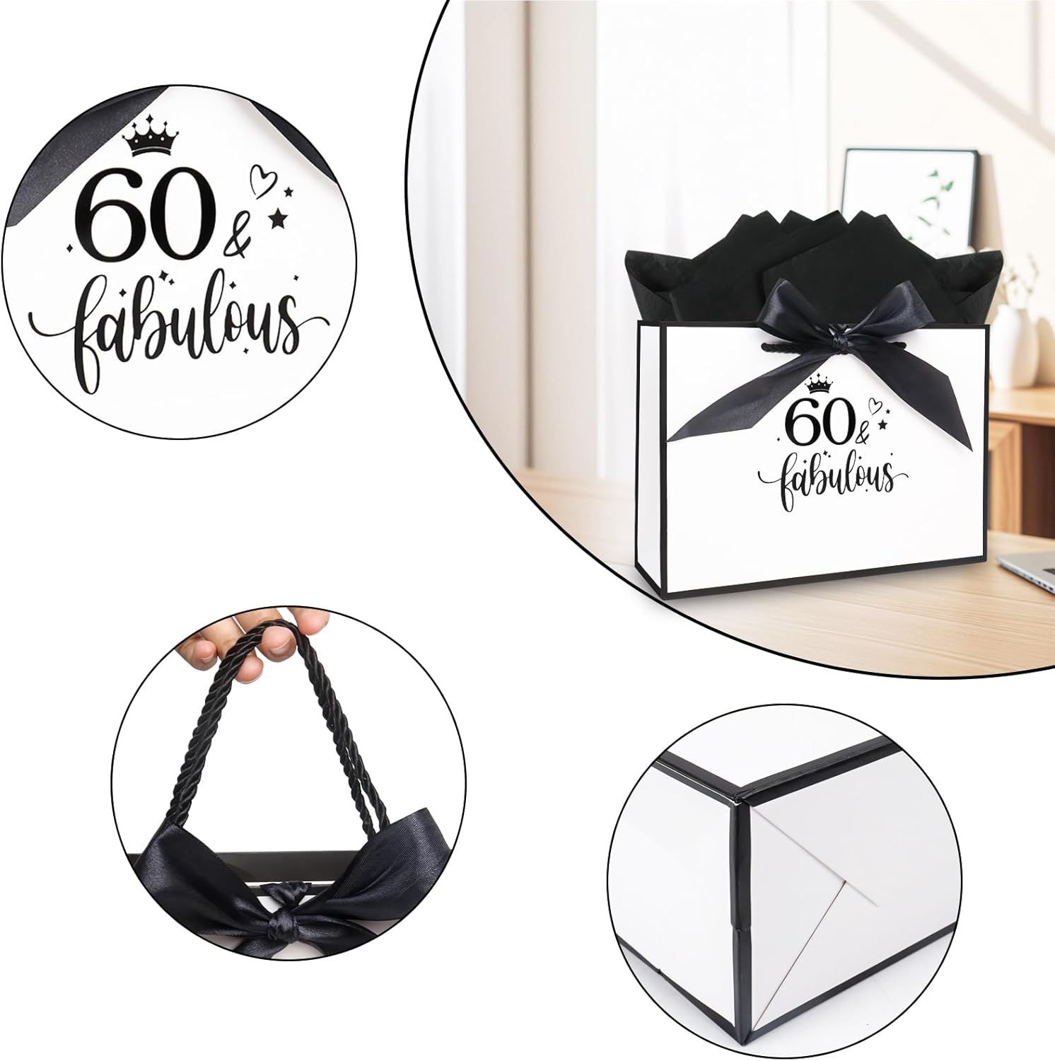 Detalle de 11.0× 8.0× 4.0 Inches 60th Birthday Gift Bag for Women – White Paper Gift Bag with Tissue Paper and Card