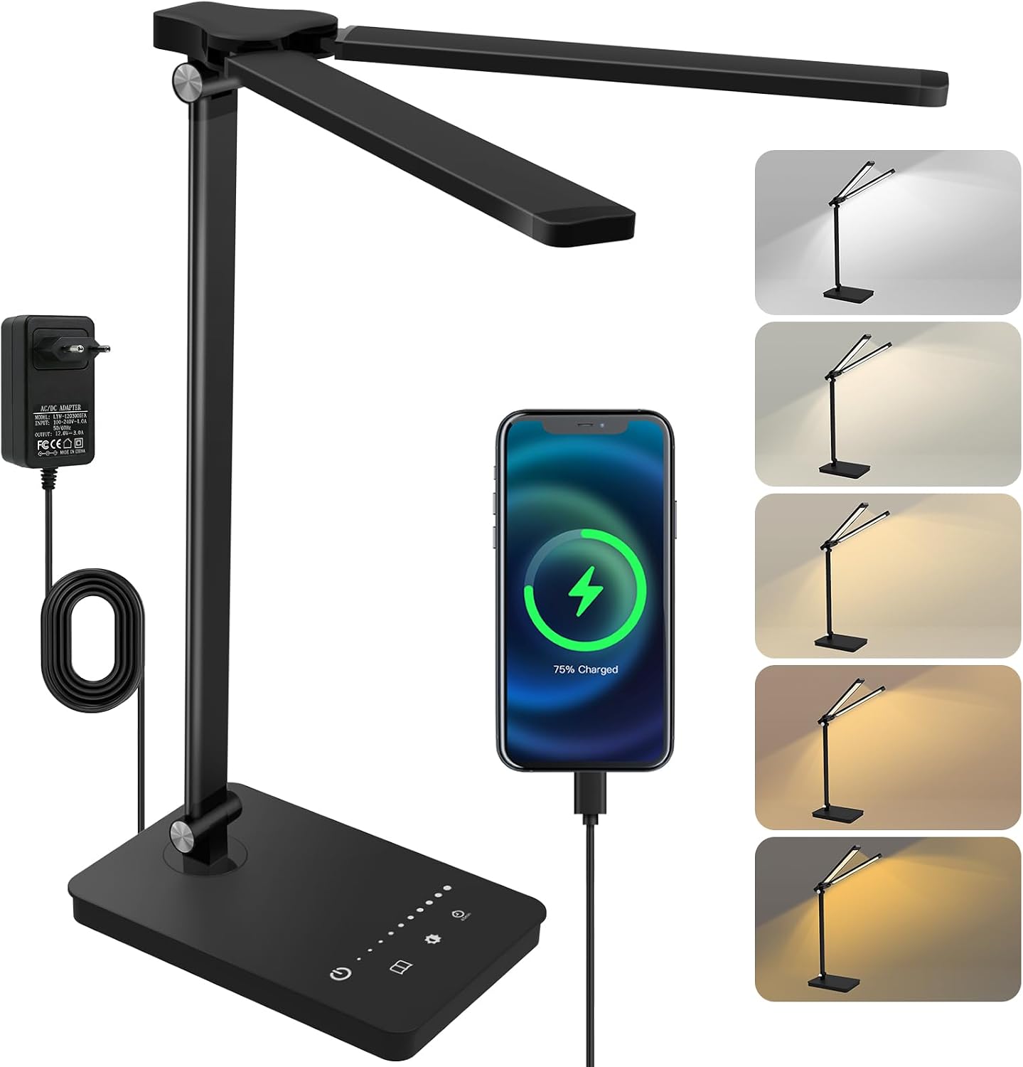 Detalle de JVURICE Schreibtischlampe LED 15W Dimmbare Tischlampe mit 180° Doppelkopf, Timer und USB-Ladefunktion