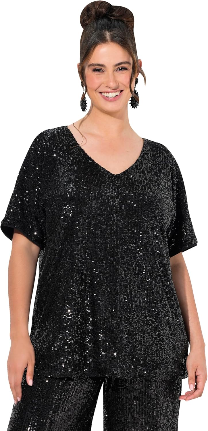 Thumbnail 6 de Ulla Popken Pailletten-Shirt Oversized à V-Conclusion et Manches Rabattues pour Femme